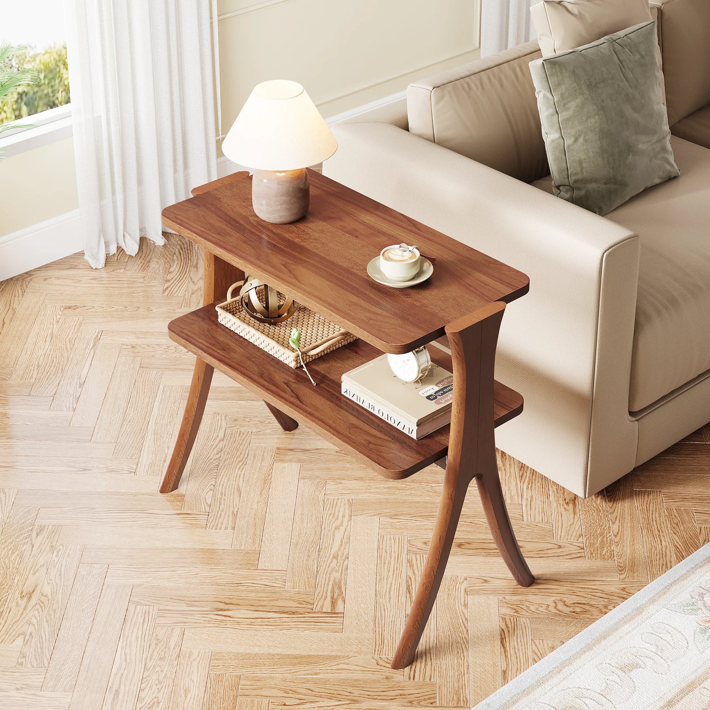 Tribesigns Walnut Wood Side Table With Two Tier Storage Shelf