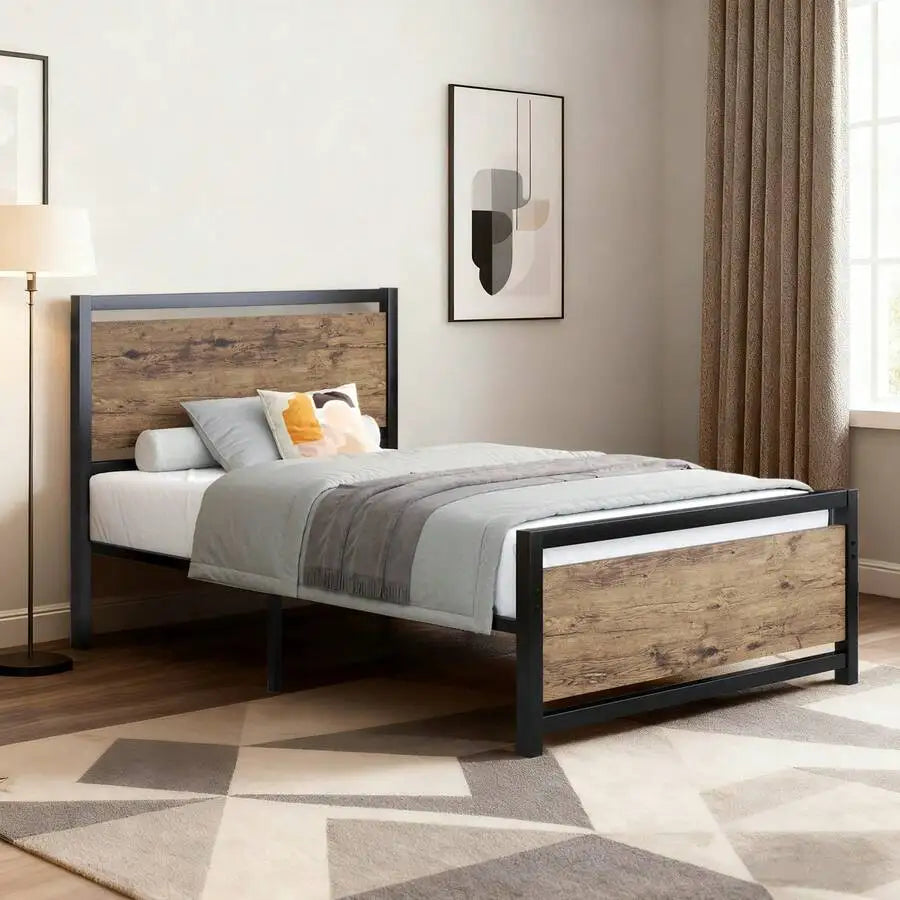 Farmhouse Metal Bed Frame With Wooden Headboard Easy Assembly