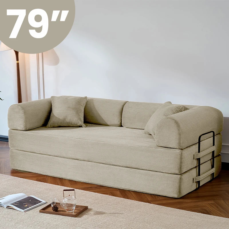 Corduroy Folding Sofa Bed With Removable Cover And Iron Frame