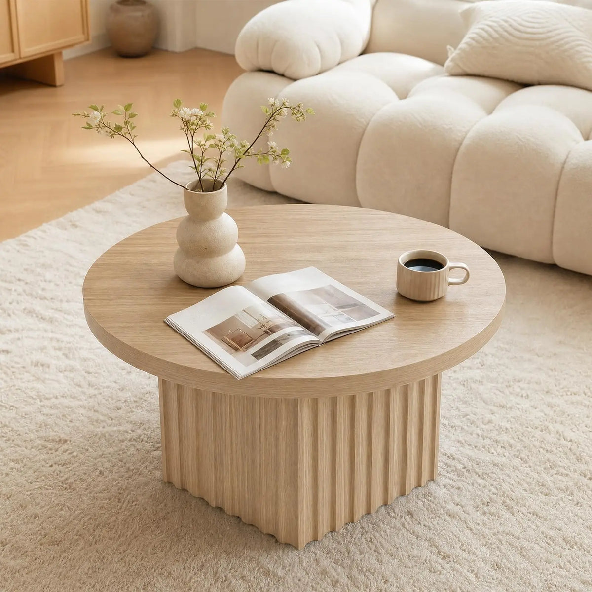 HiMISS Fluted Round Coffee Table Modern Wood Pedestal Living Room