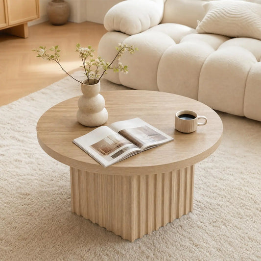 HiMISS Fluted Round Coffee Table Modern Wood Pedestal Living Room