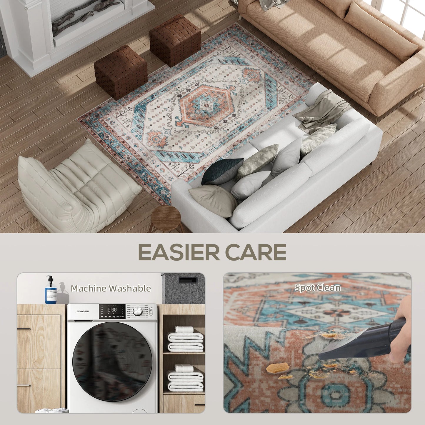 Machine Washable Vintage Oriental Medallion Distressed Area Rug