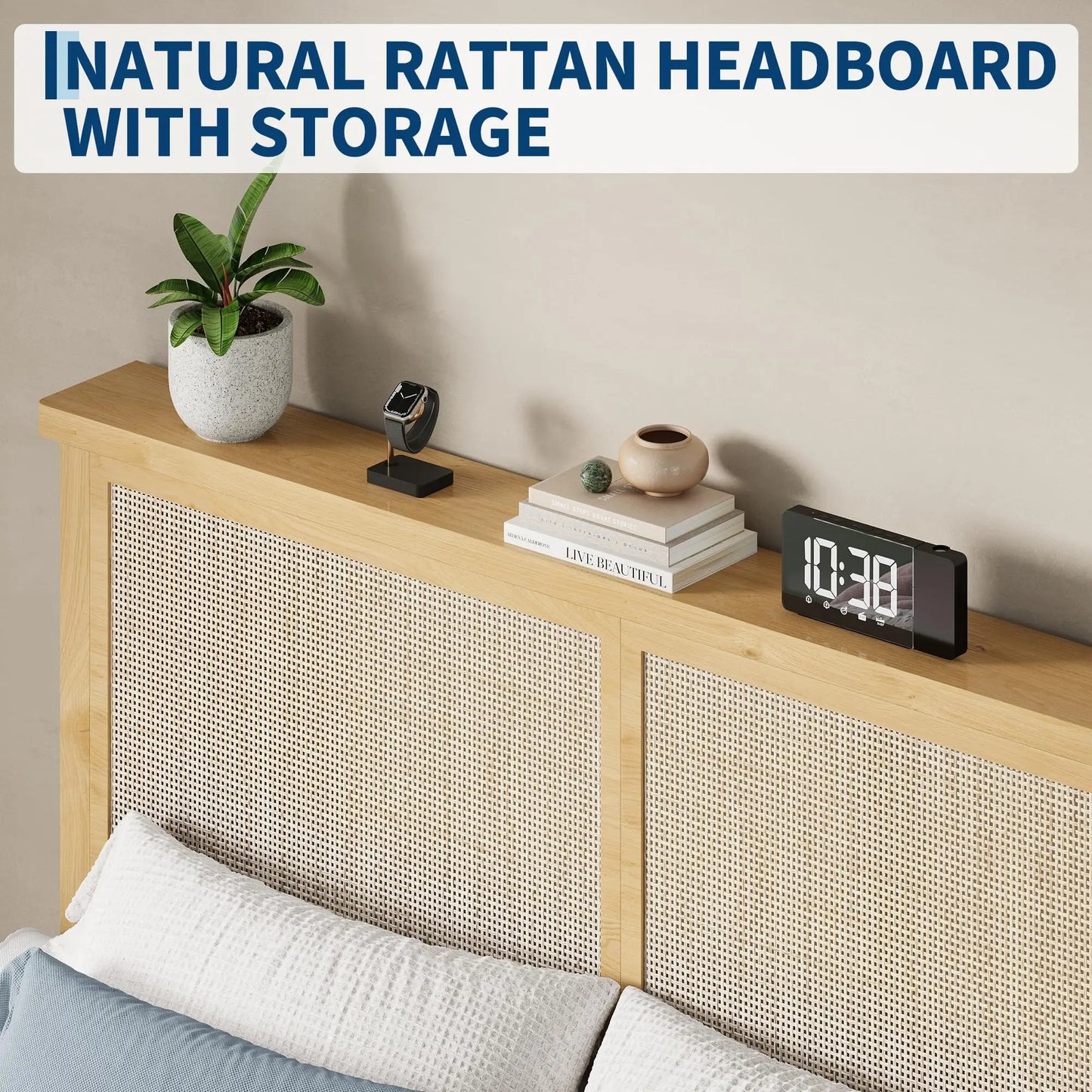 Rattan Bed Frame With Storage Headboard And LED Lighting