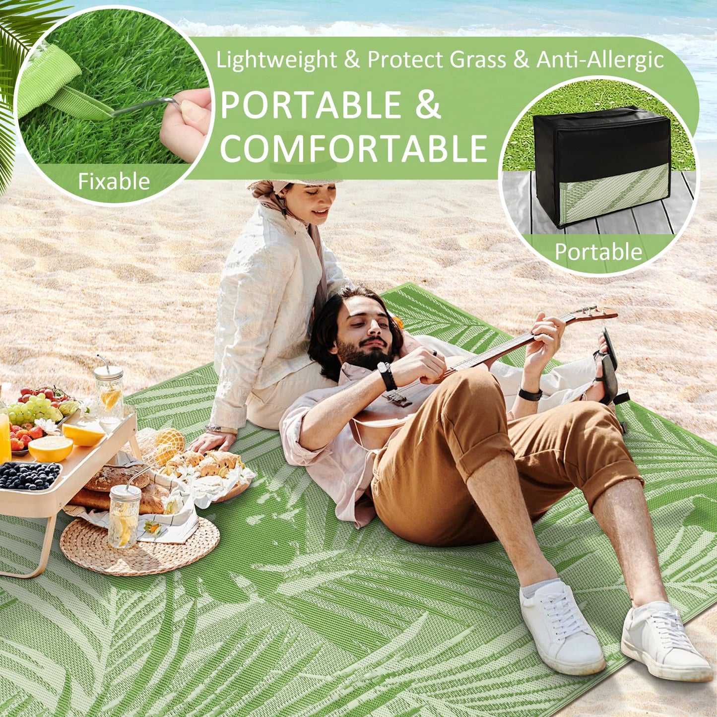 Leaves Pattern Recycled Plastic Straw Outdoor Rope Rug For Patio