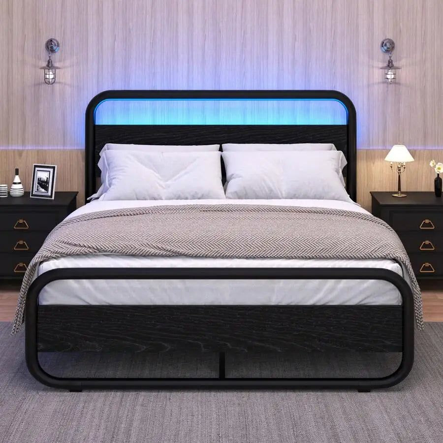 Heavy Duty Metal LED Bed Frame With Headboard And Storage