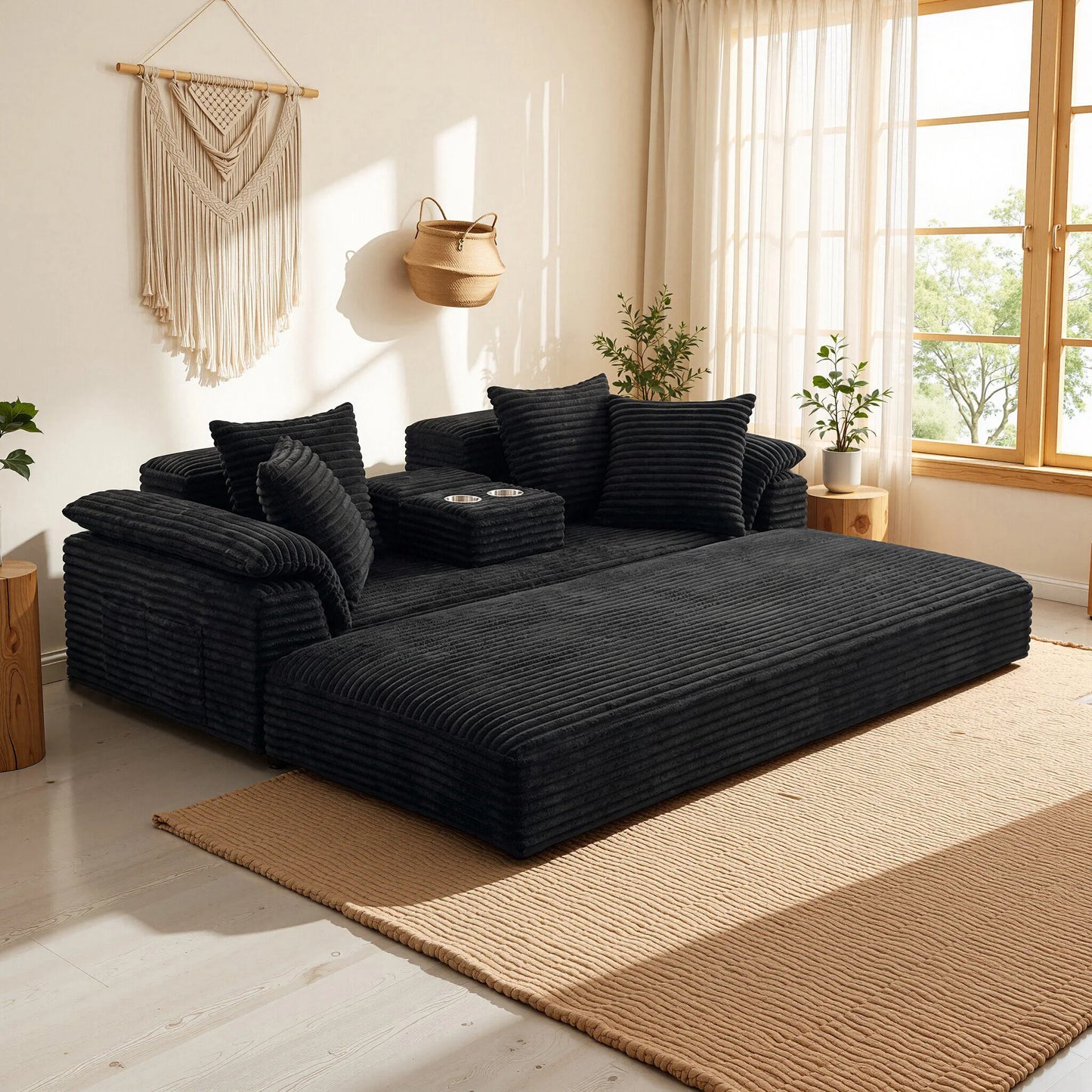 Modern Corduroy Modular Sofa With Reversible Cushions And Cup Holder