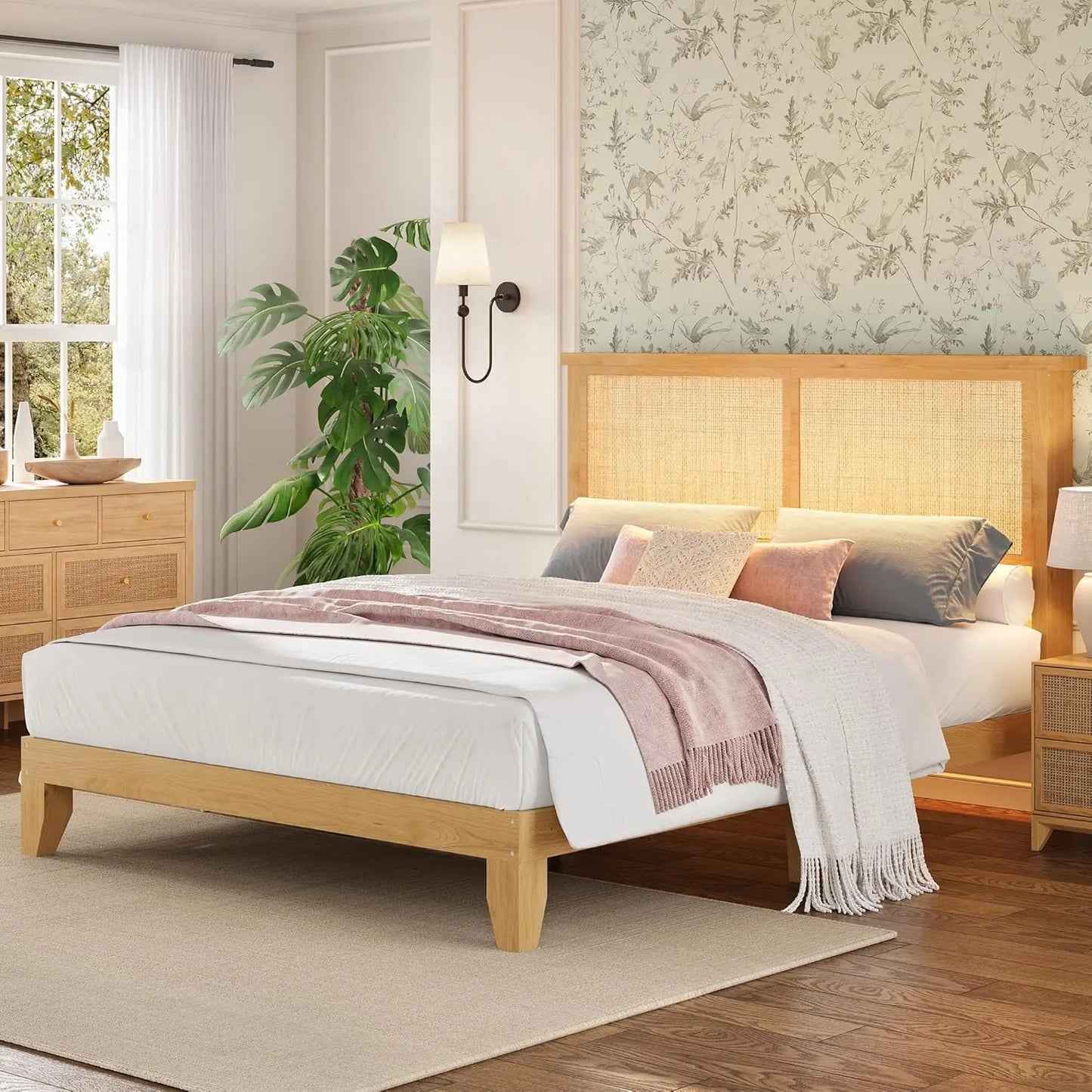 Rattan Bed Frame With Storage Headboard And LED Lighting