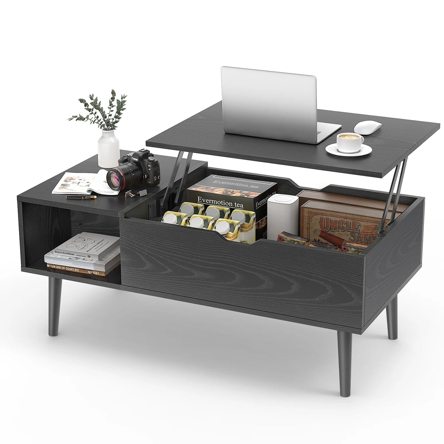JHK Modern Wood Lift Top Coffee Table Adjustable Storage Shelf