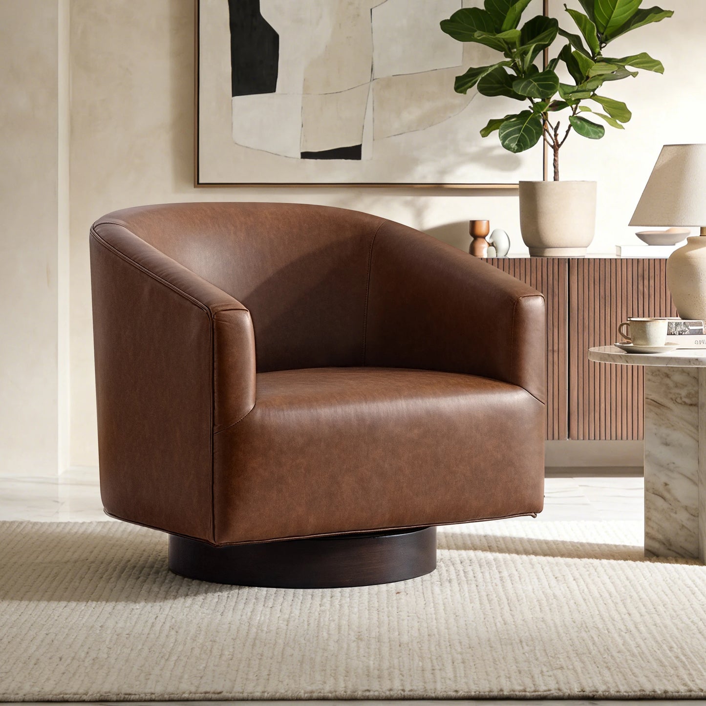 Kerdom Modern Wooden Barrel Accent Chair With Swivel Base