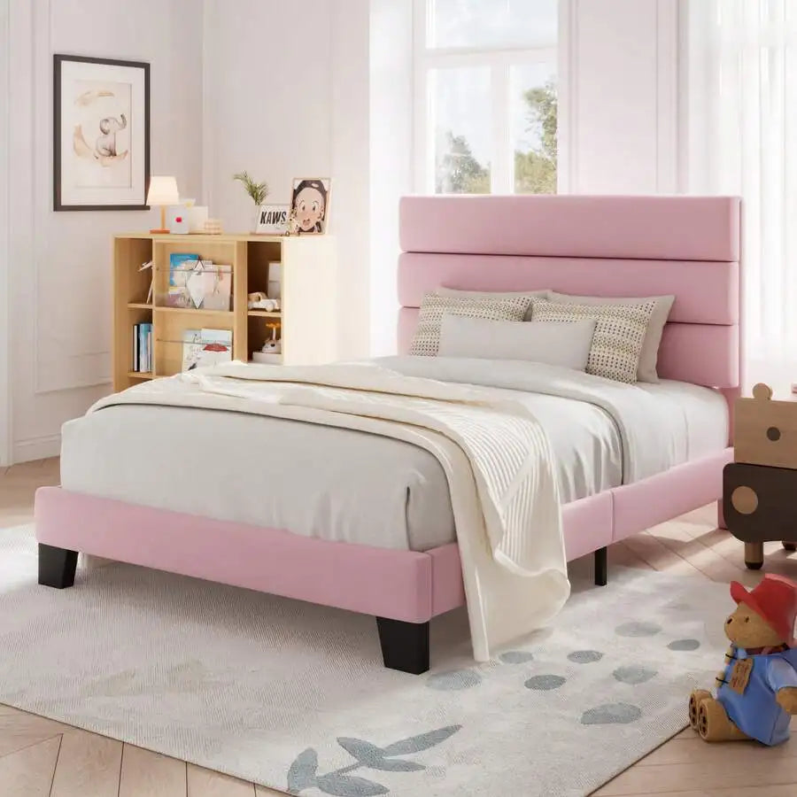 Fabric Upholstered Platform Bed Frame With Wooden Slats