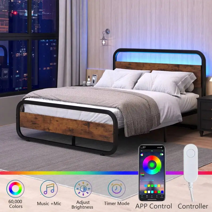 Heavy Duty Metal LED Bed Frame With Headboard And Storage