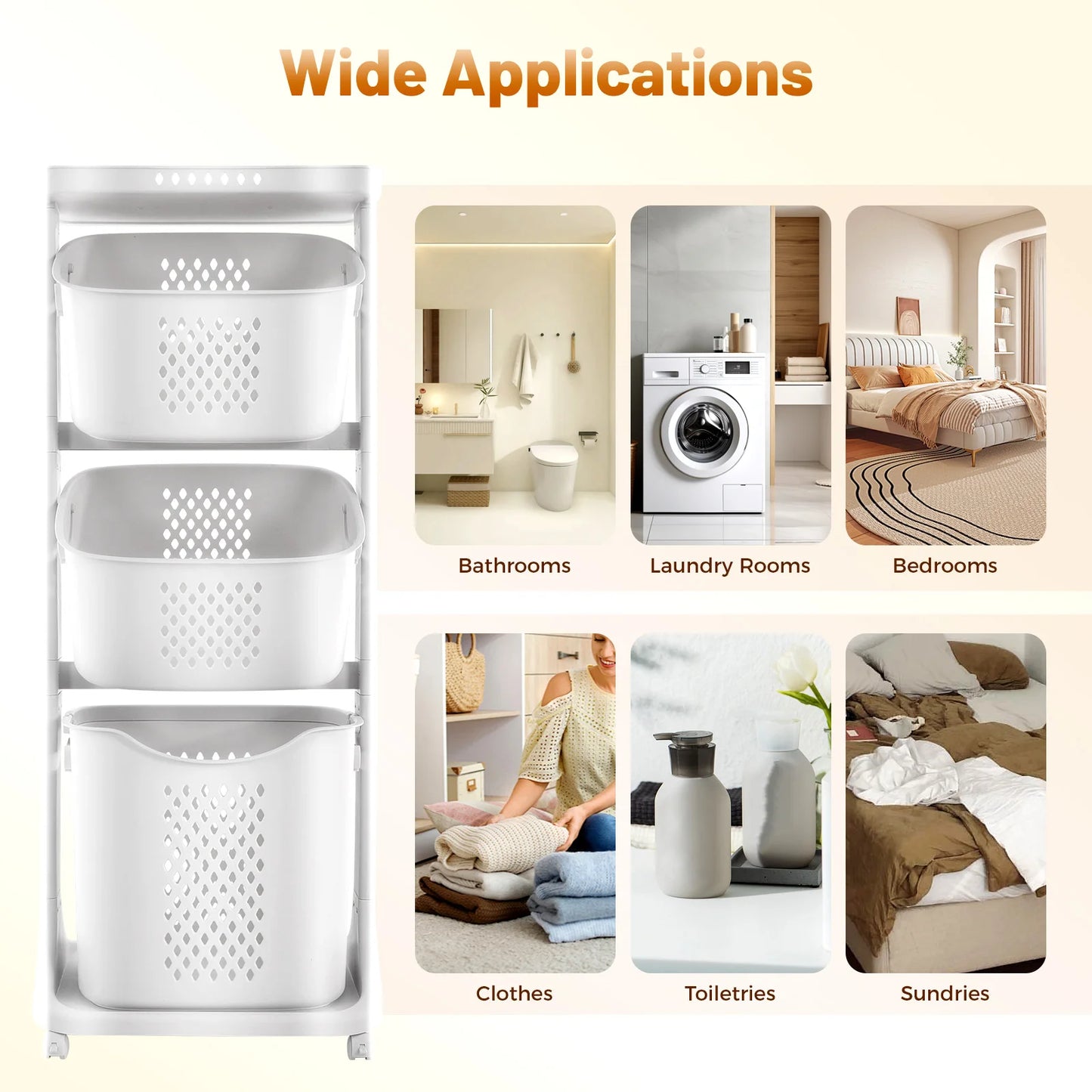 Bymaocar 3 Tier Rolling Laundry Hamper With Detachable Compartments
