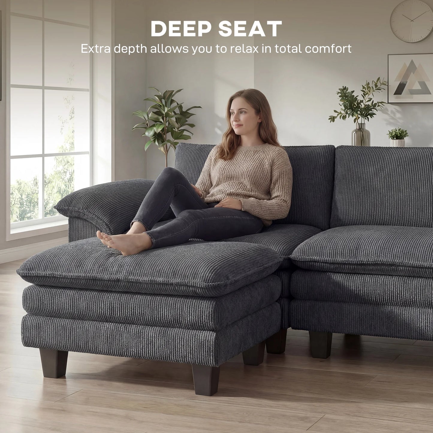 Modular Corduroy L Shaped Sectional Couch With Deep Seating