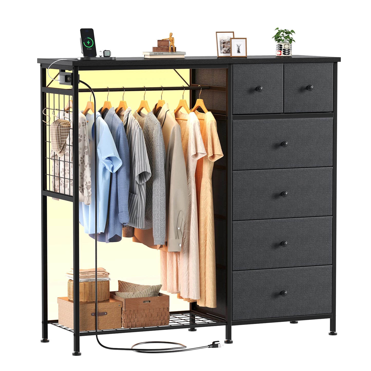 JHK Modern Fabric Dresser With Hanging Rack And LED Lights
