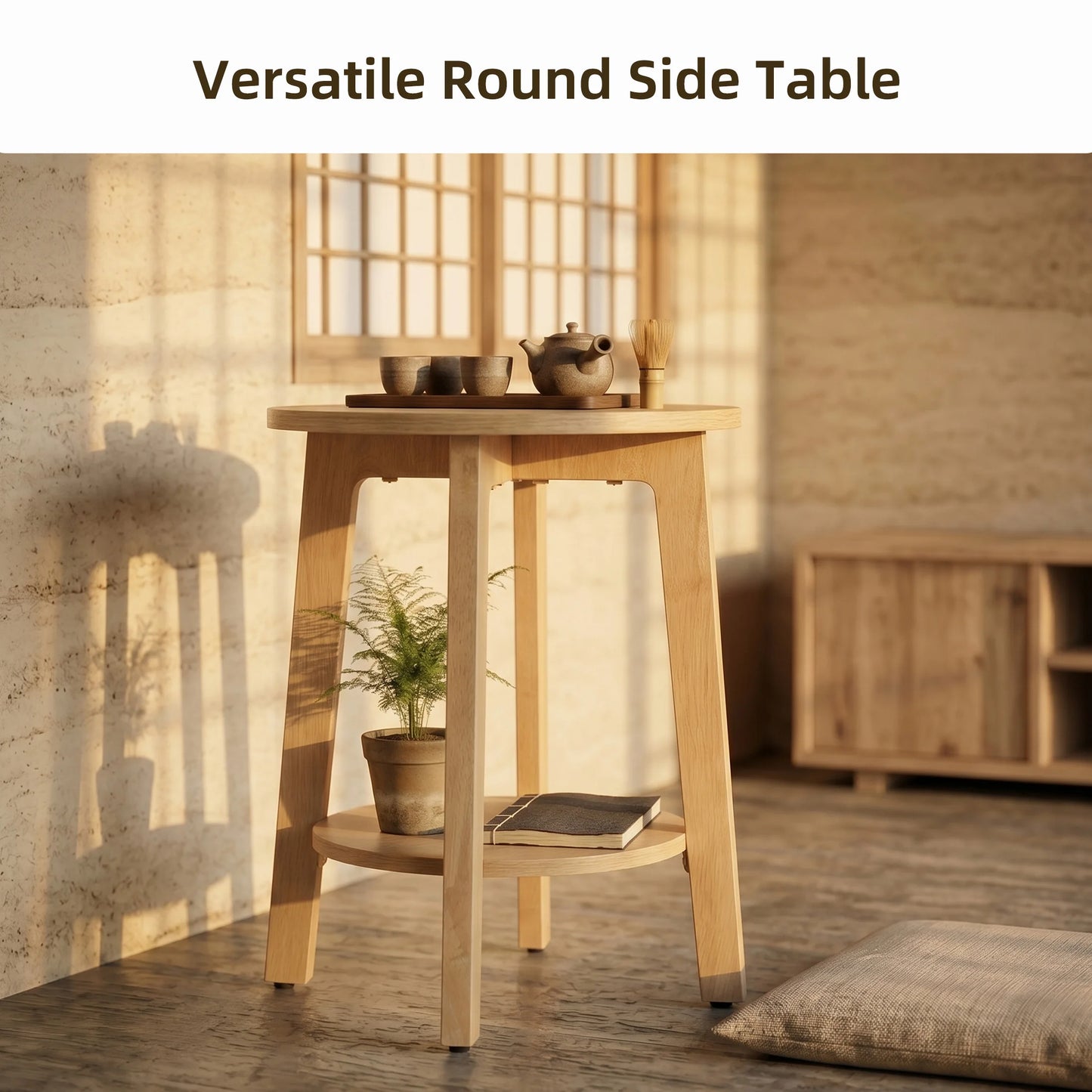 JHK Wood Round Side Table With Two Tier Storage Shelf