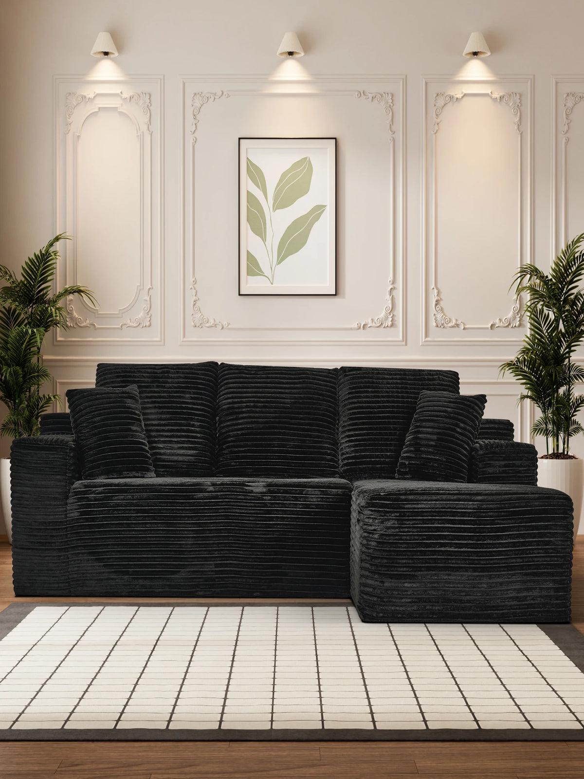 107 Inch L-Shaped Modular Sofa with Recliner and Chaise, Plush Corduroy Cloud Couch Sleeper, No Assembly Deep Seat Sectional for Living Room Apartment, Black