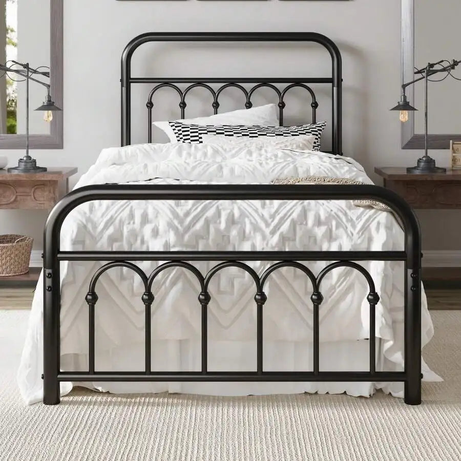 Victorian Style Metal Platform Bed Frame With Curved Iron Headboard