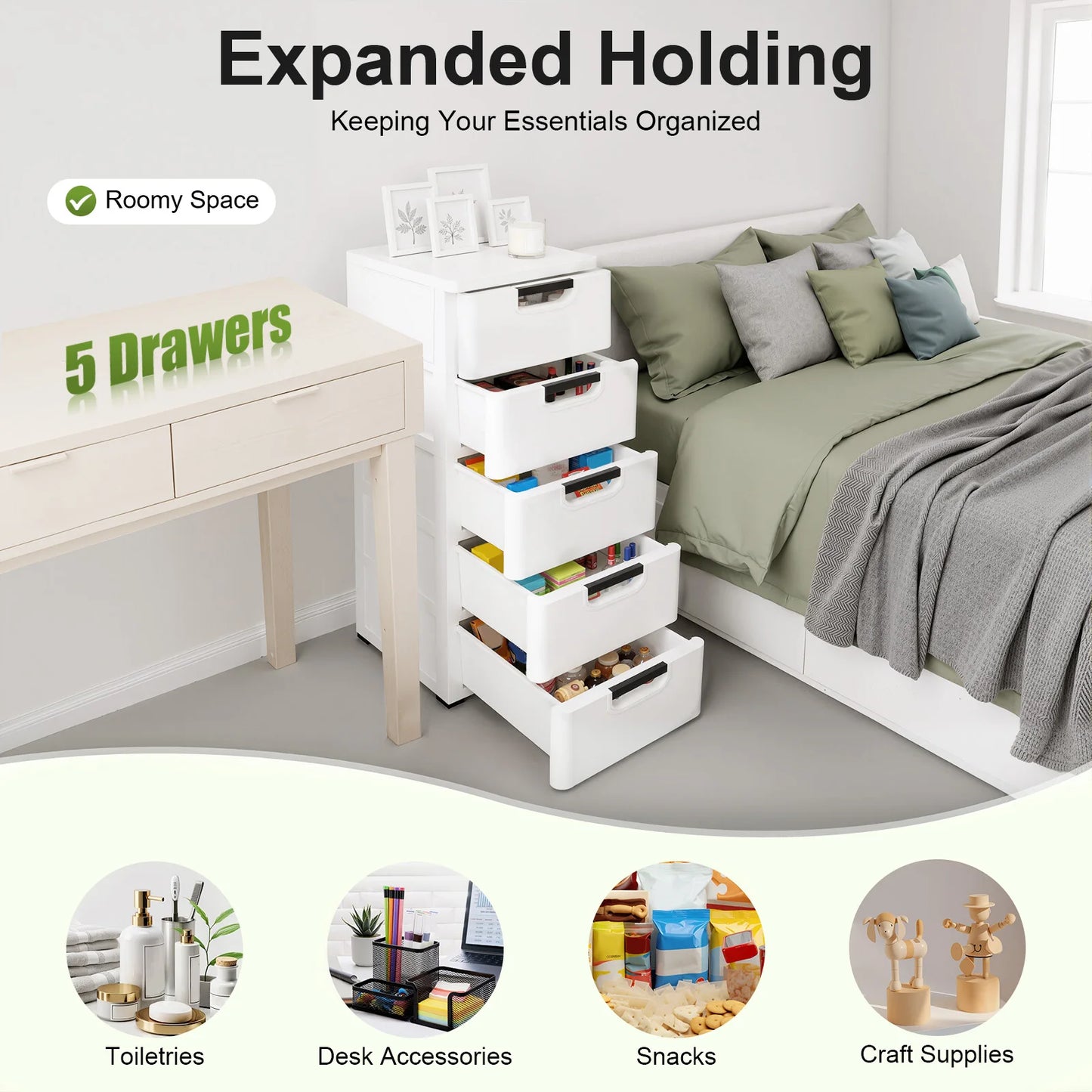 Five Drawer Stackable Plastic Storage Cabinet With Rolling Casters
