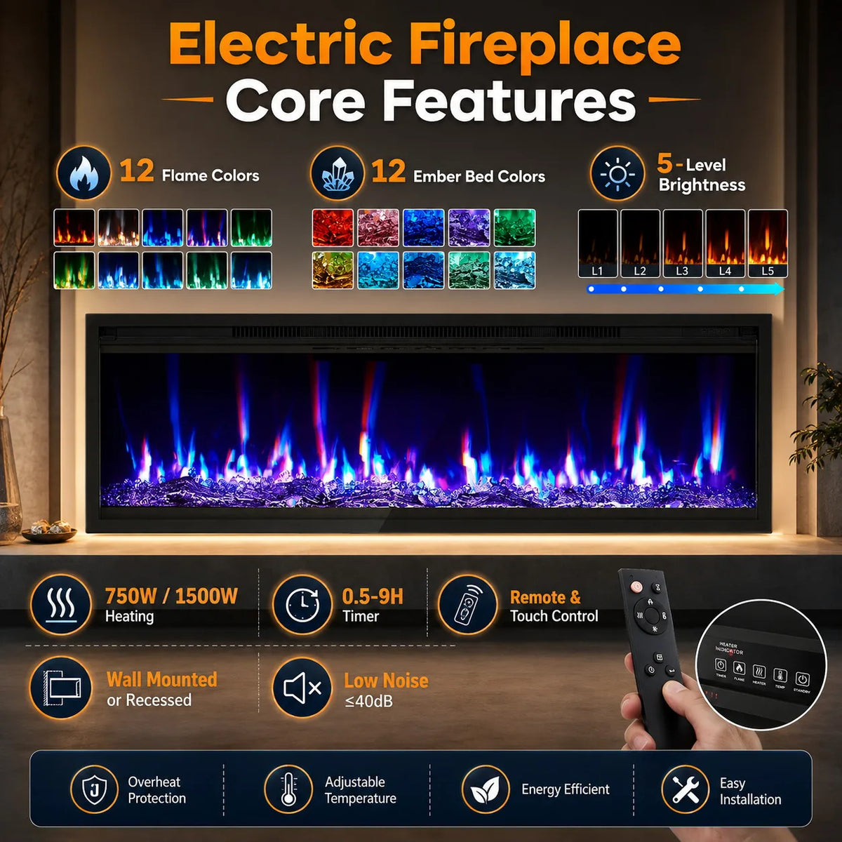 Wall Mounted Electric Fireplace Heater With Crystal Log Set Remote