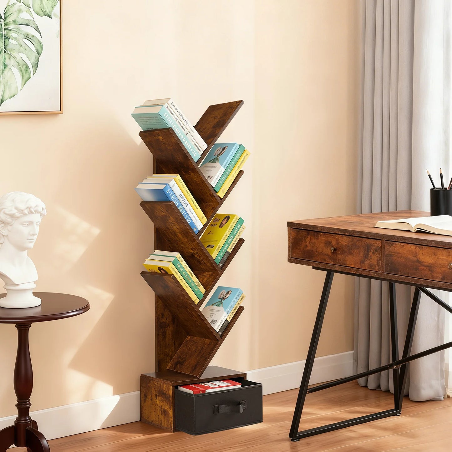 MCQ Geometric Wooden Seven Tier Bookshelf With Drawer