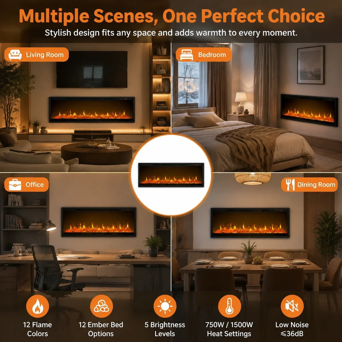 Wall Mounted Electric Fireplace Heater With Crystal Log Set Remote