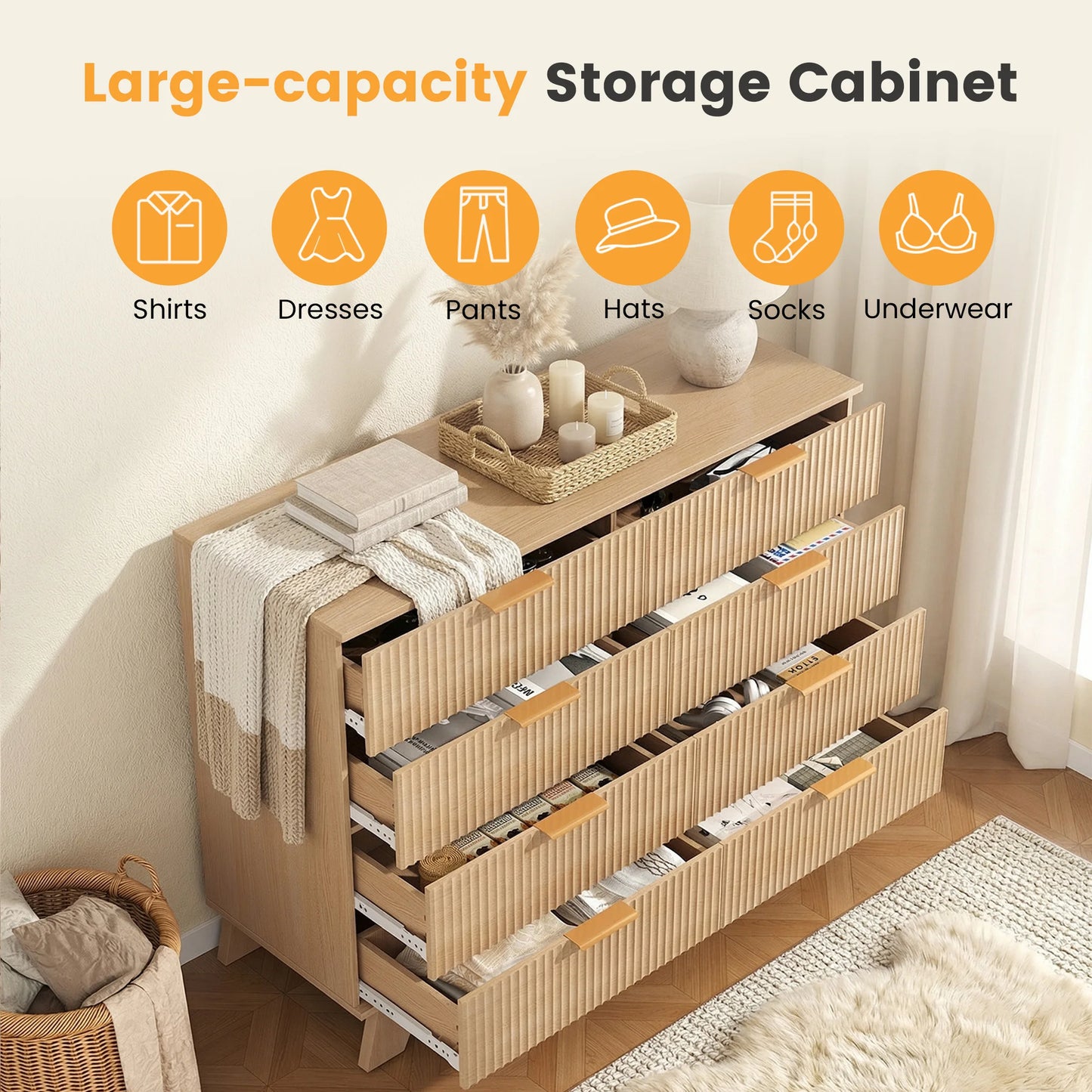 Jhk Fluted Wooden Modern Cabinet With Eight Drawer Storage