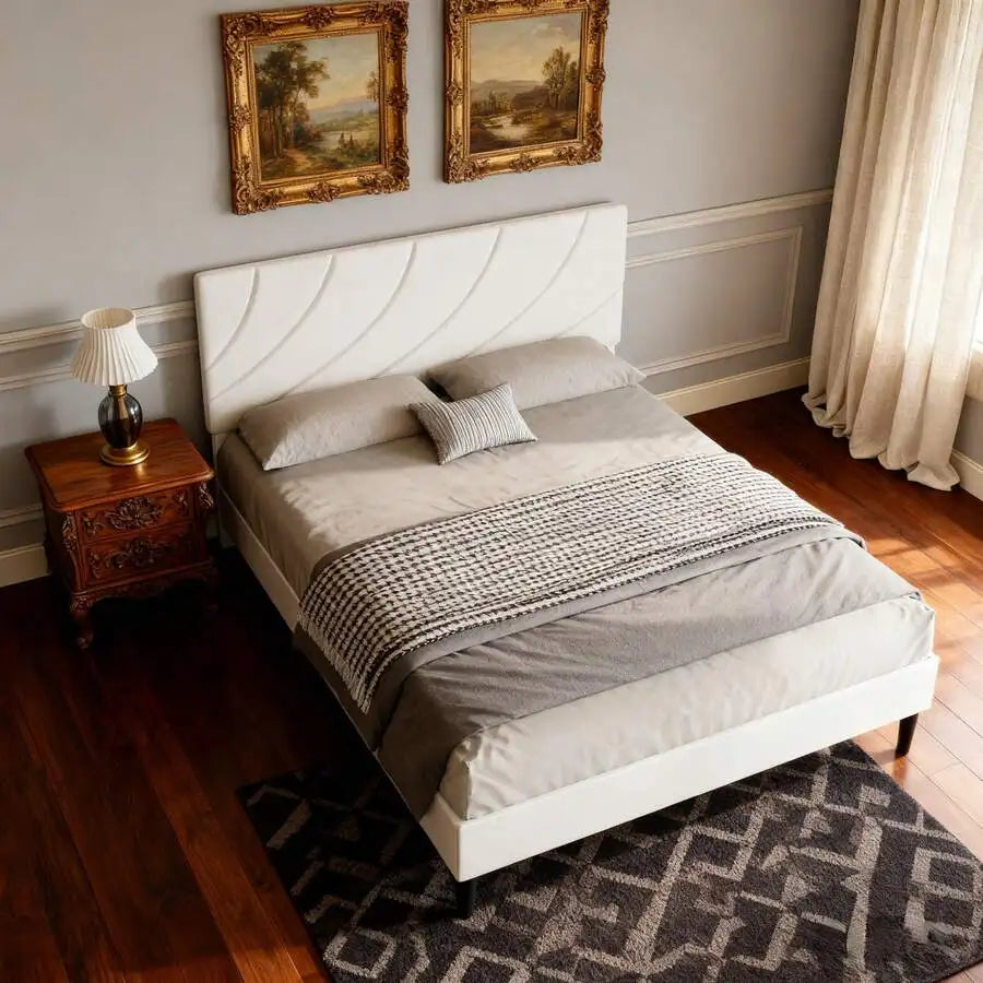 Modern Upholstered Platform Bed Frame With Adjustable Linen Headboard