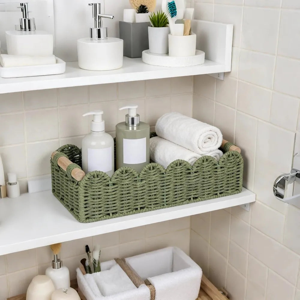 Decorative Scalloped Wicker Basket With Handle Bathroom Storage