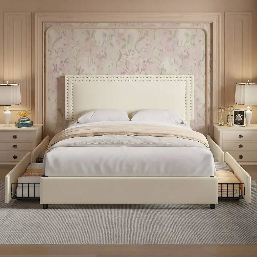Velvet Upholstered Bed Frame With Four Storage Drawers And Adjustable Headboard