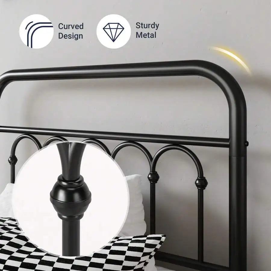 Victorian Style Metal Platform Bed Frame With Curved Iron Headboard