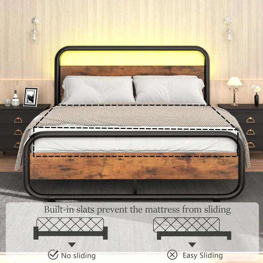 Heavy Duty Metal LED Bed Frame With Headboard And Storage