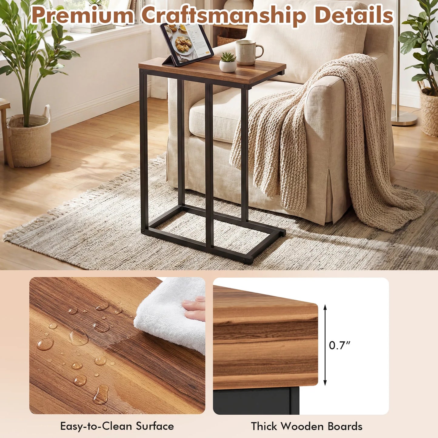 Homasis C Shaped Wooden End Table With Adjustable Pads
