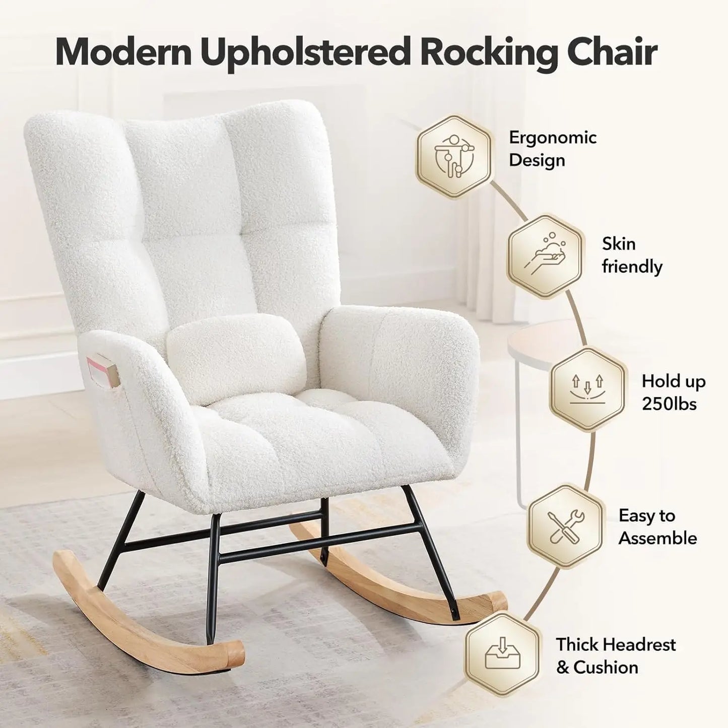 Studyset Modern Boucle Rocking Chair With Side Pocket High Backrest