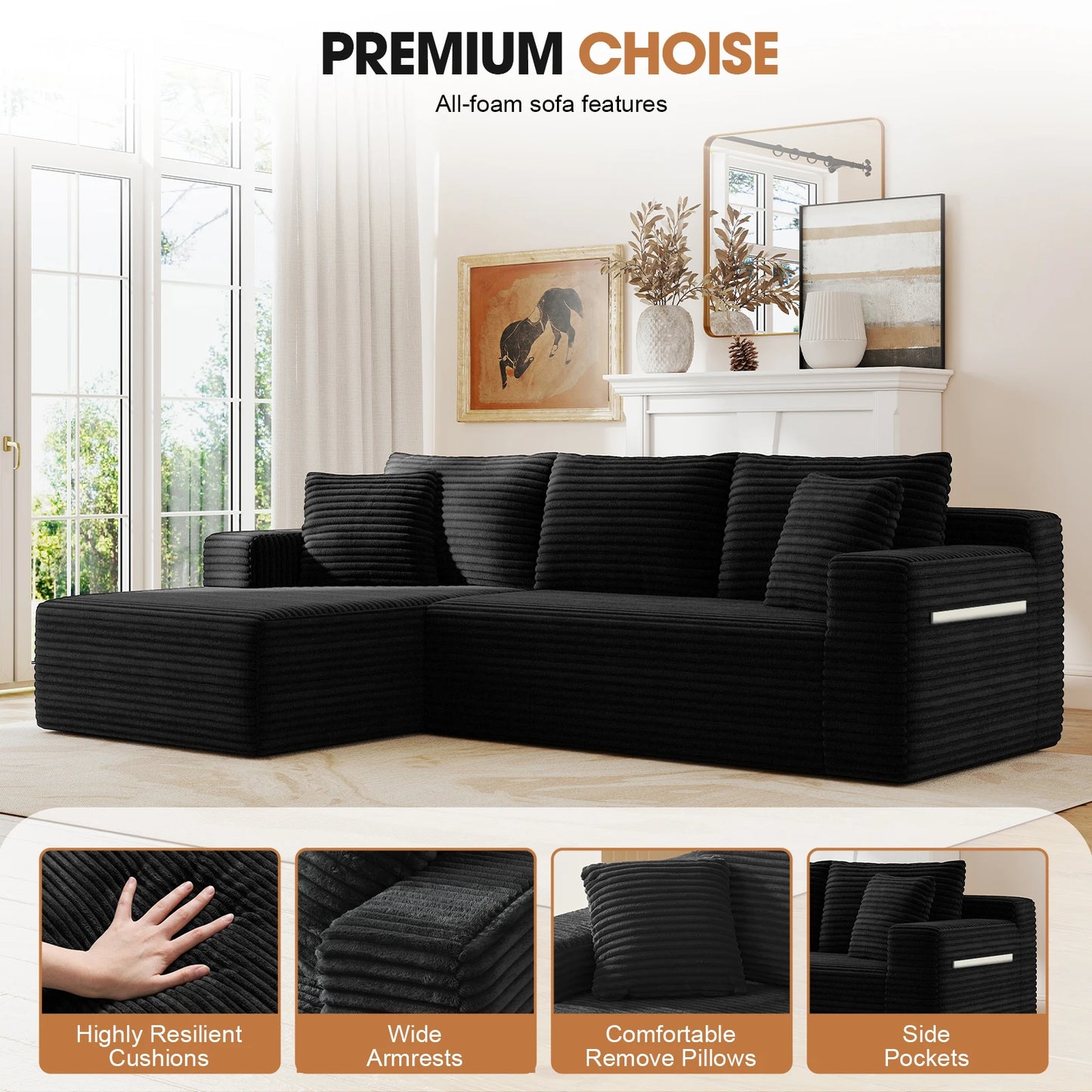 Cloud Modular Corduroy Sectional Sofa With L Shape Chaise