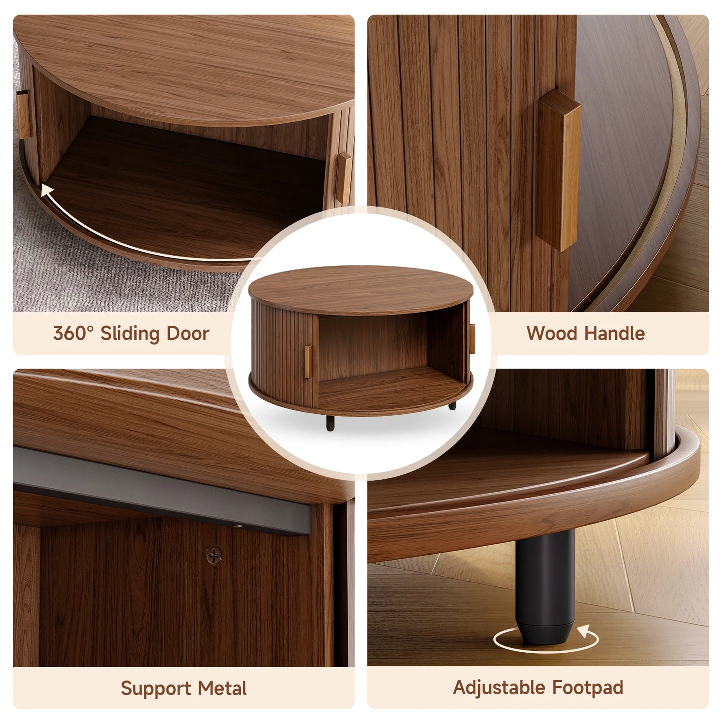 Onbrill Modern Fluted Wood Round Coffee Table With Storage
