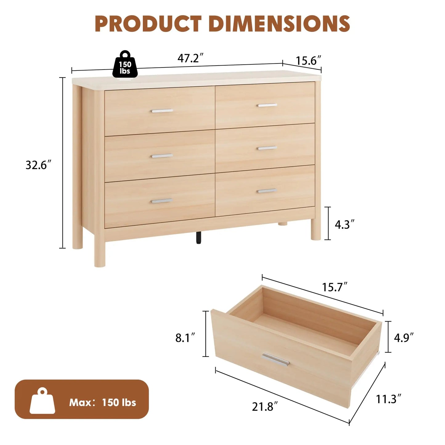 HiMISS 6 Drawer Wooden Dresser and TV Storage Cabinet