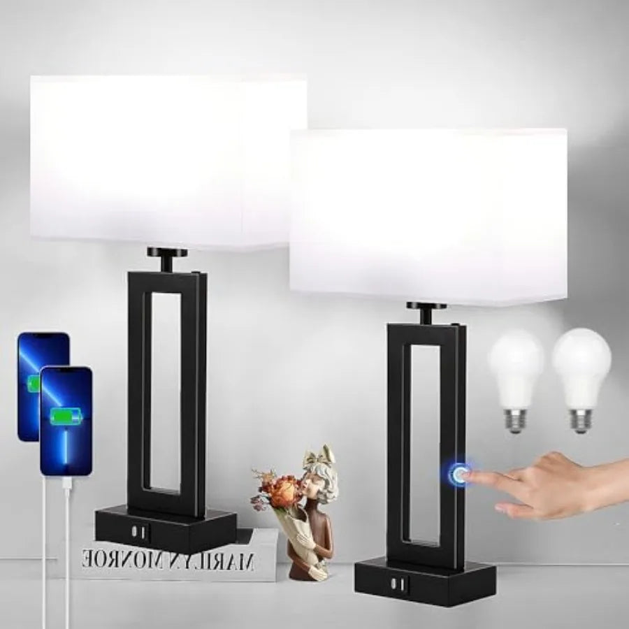 Touch Control Dimmable Table Lamp Set With Usb Charging Ports