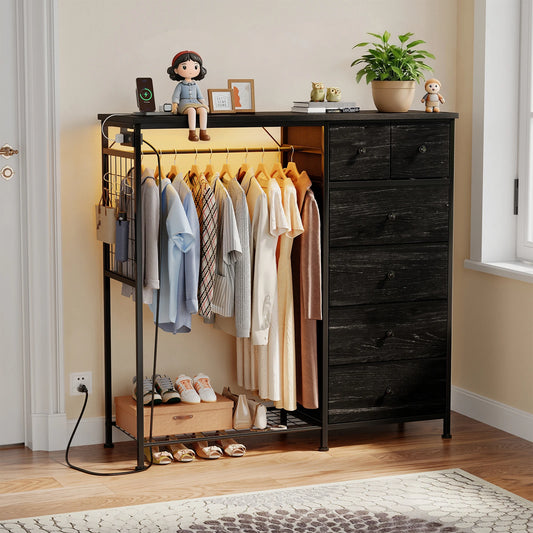 JHK Modern Fabric Dresser With Hanging Rack And LED Lights