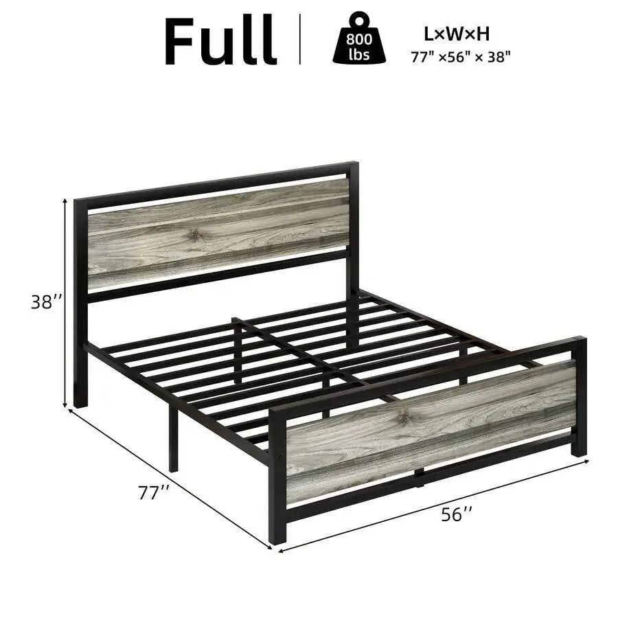 Farmhouse Metal Bed Frame With Wooden Headboard Easy Assembly