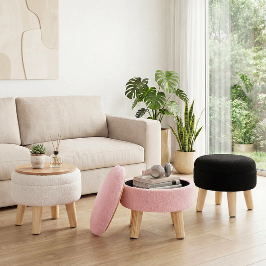 JHK Round Storage Ottoman With Padded Seat And Wood Legs
