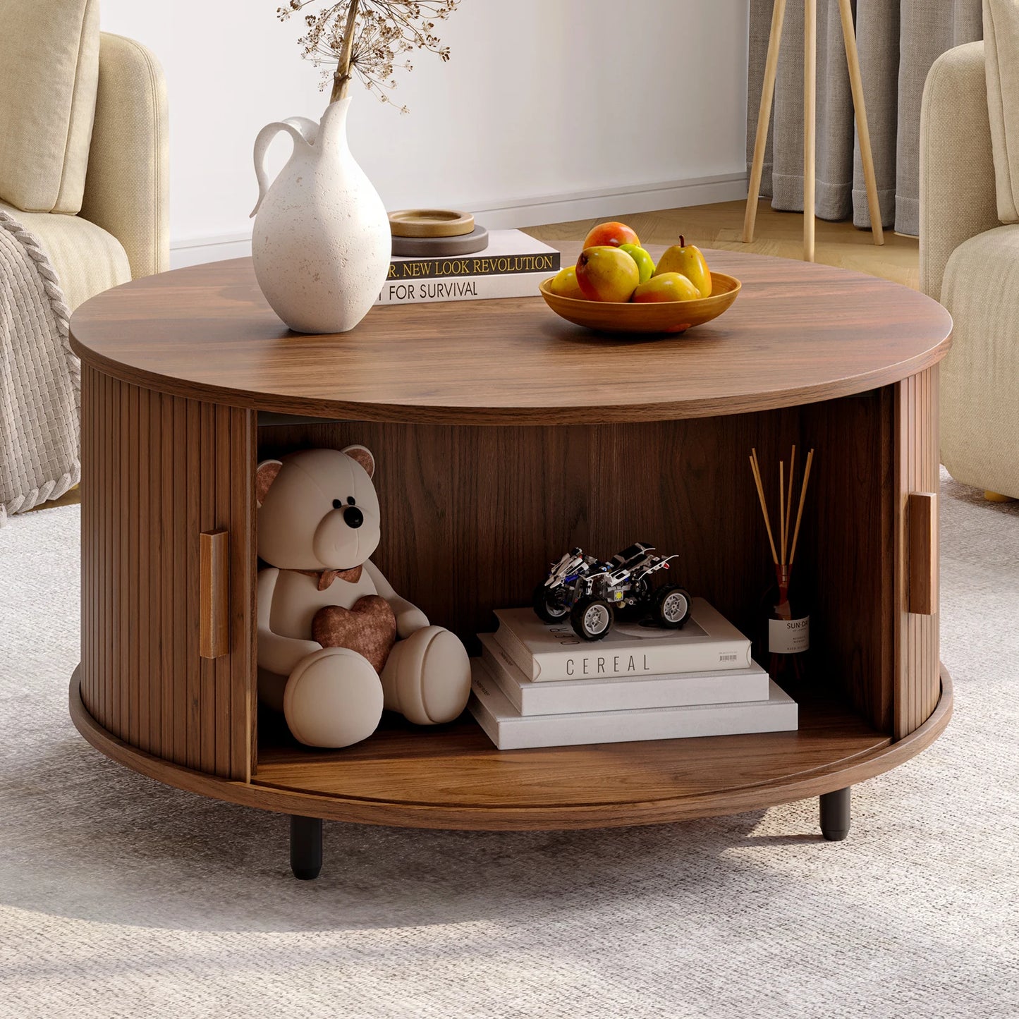 Onbrill Modern Fluted Wood Round Coffee Table With Storage