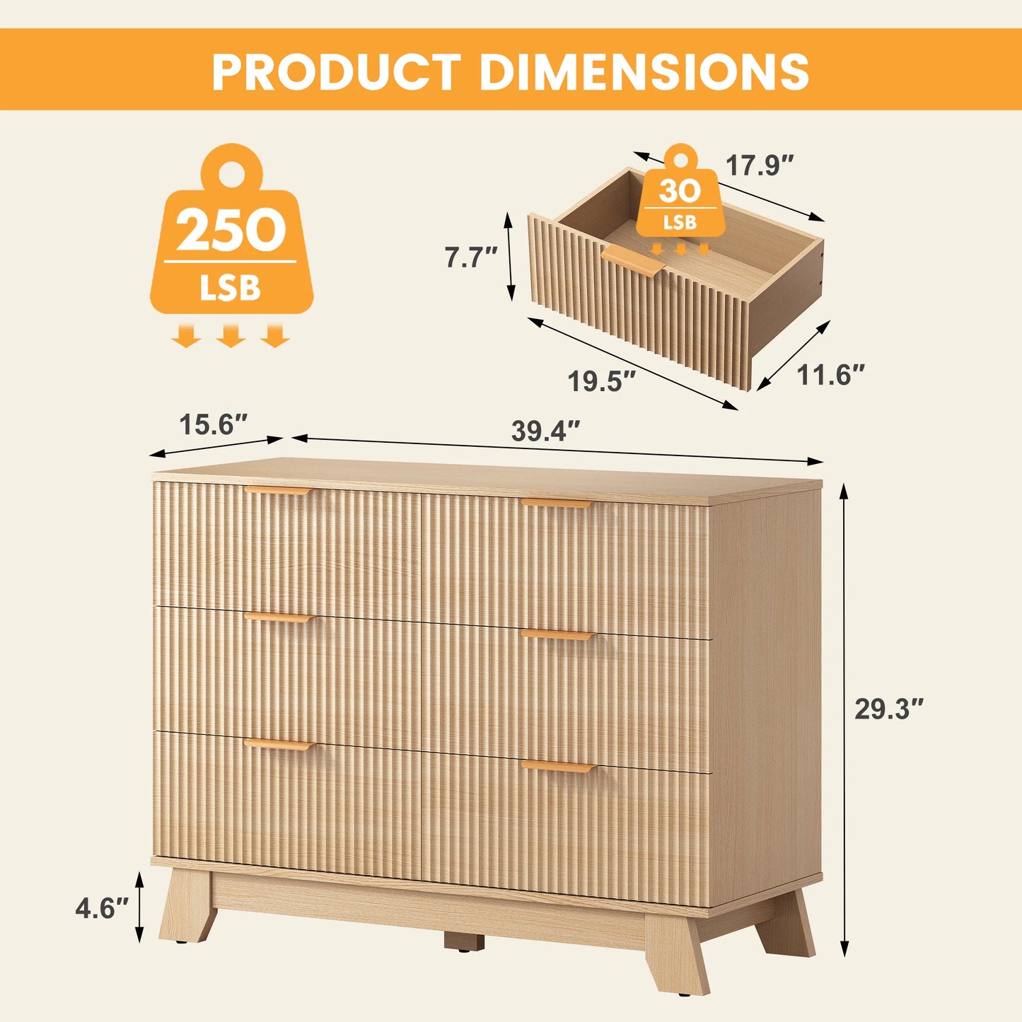 JHK Modern Fluted Wooden 6 Drawer Bedroom Dresser Cabinet