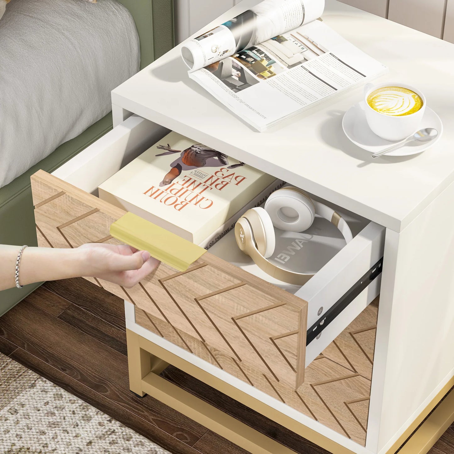 Tribesigns 3 Drawer Nightstand Set Modern Chevron Bedside Table