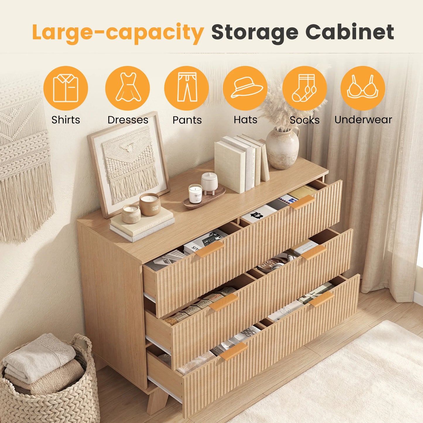 JHK Modern Fluted Wooden 6 Drawer Bedroom Dresser Cabinet