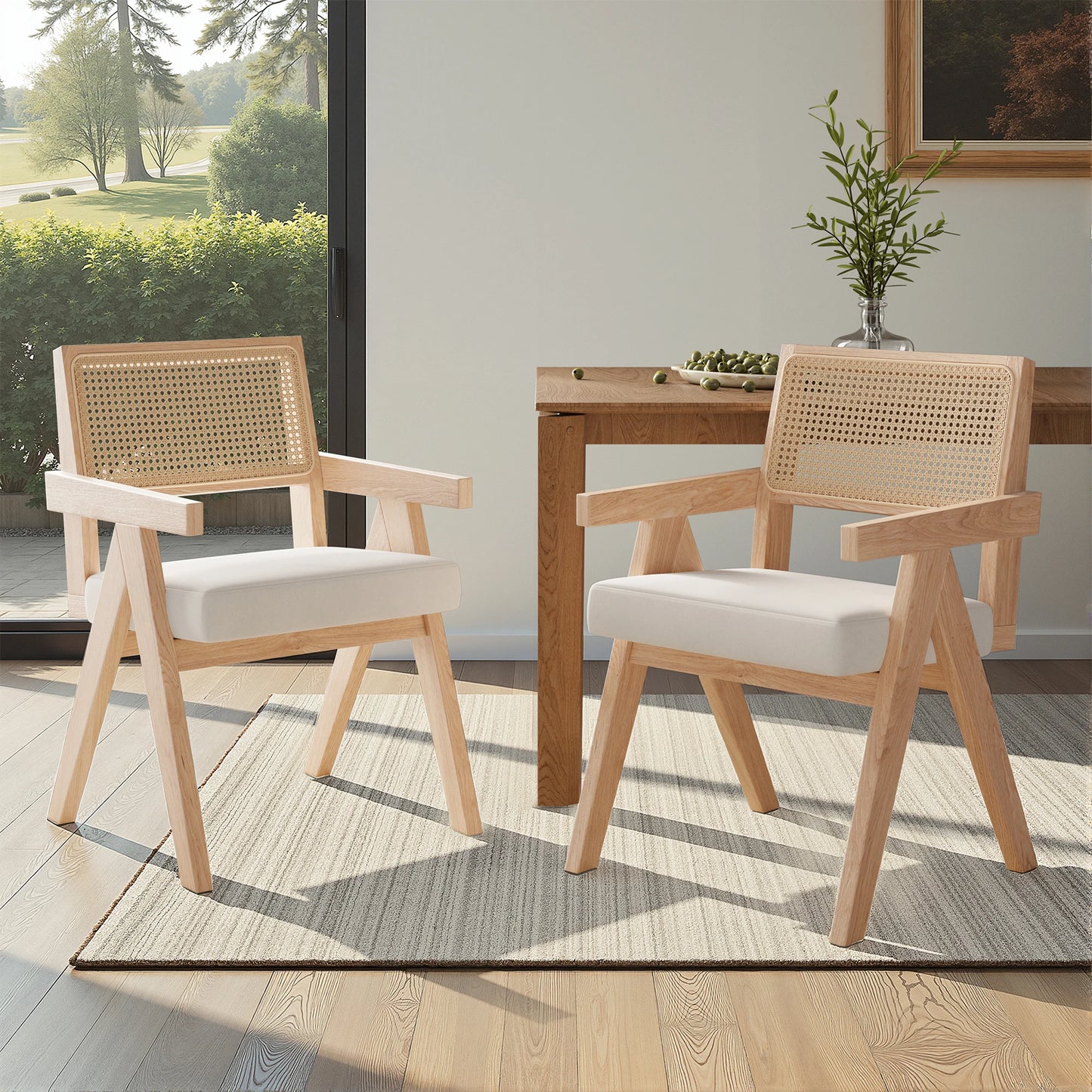 Farini Mid Century Woven Rattan Dining Chairs Solid Ash Frame