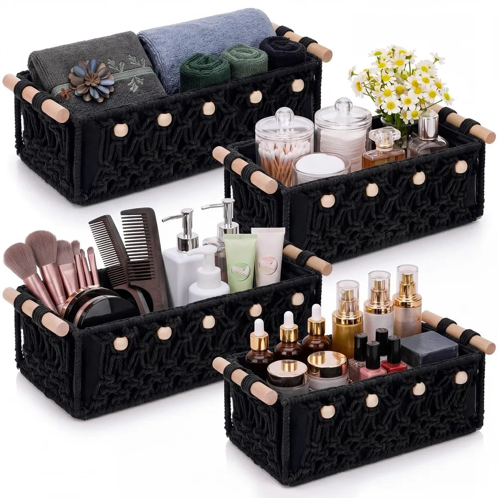 Boho Macrame Storage Baskets With Wooden Handles And Decorative Beads