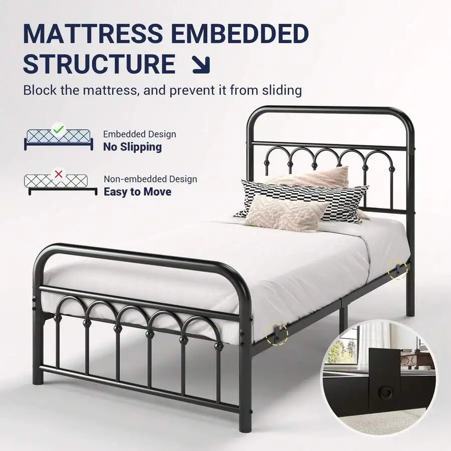 Victorian Style Metal Platform Bed Frame With Curved Iron Headboard