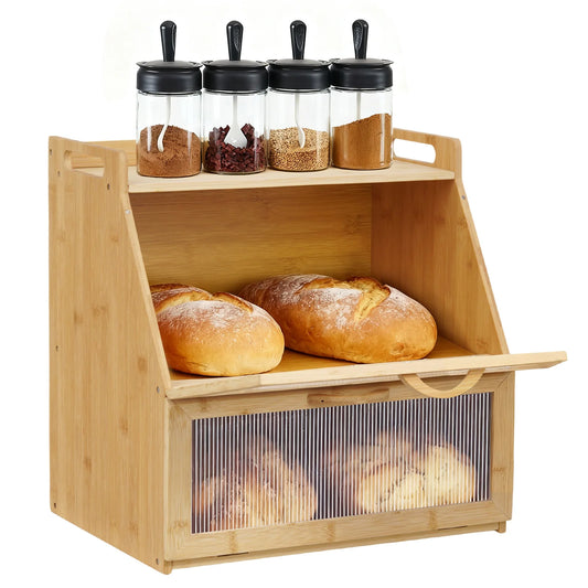 Double Layer Wooden Bread Storage Box For Kitchen Countertop