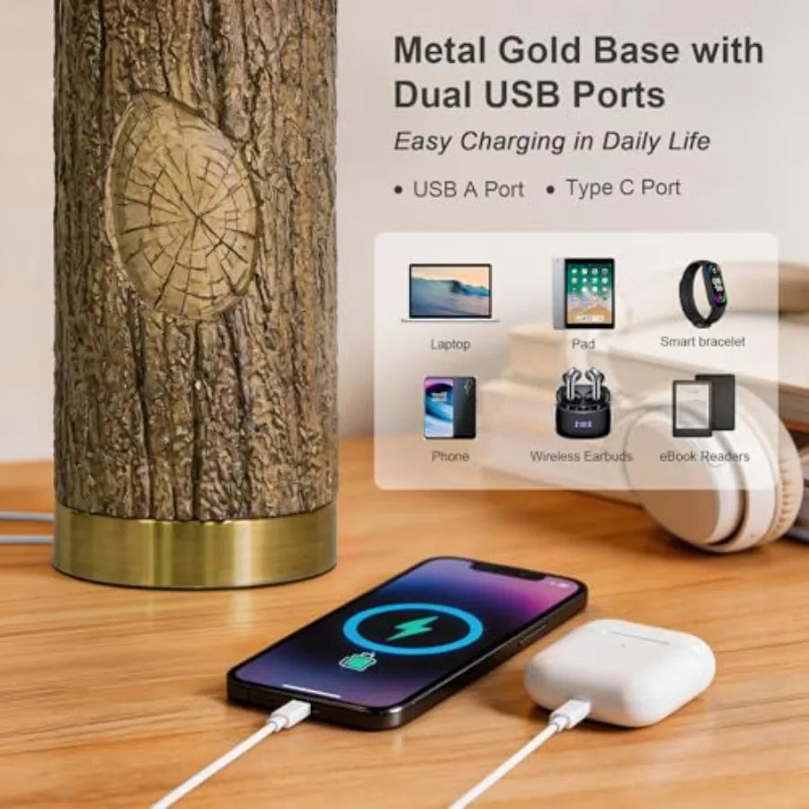 Rustic Bark Solar Table Lamps With Gold Base And Usb Ports