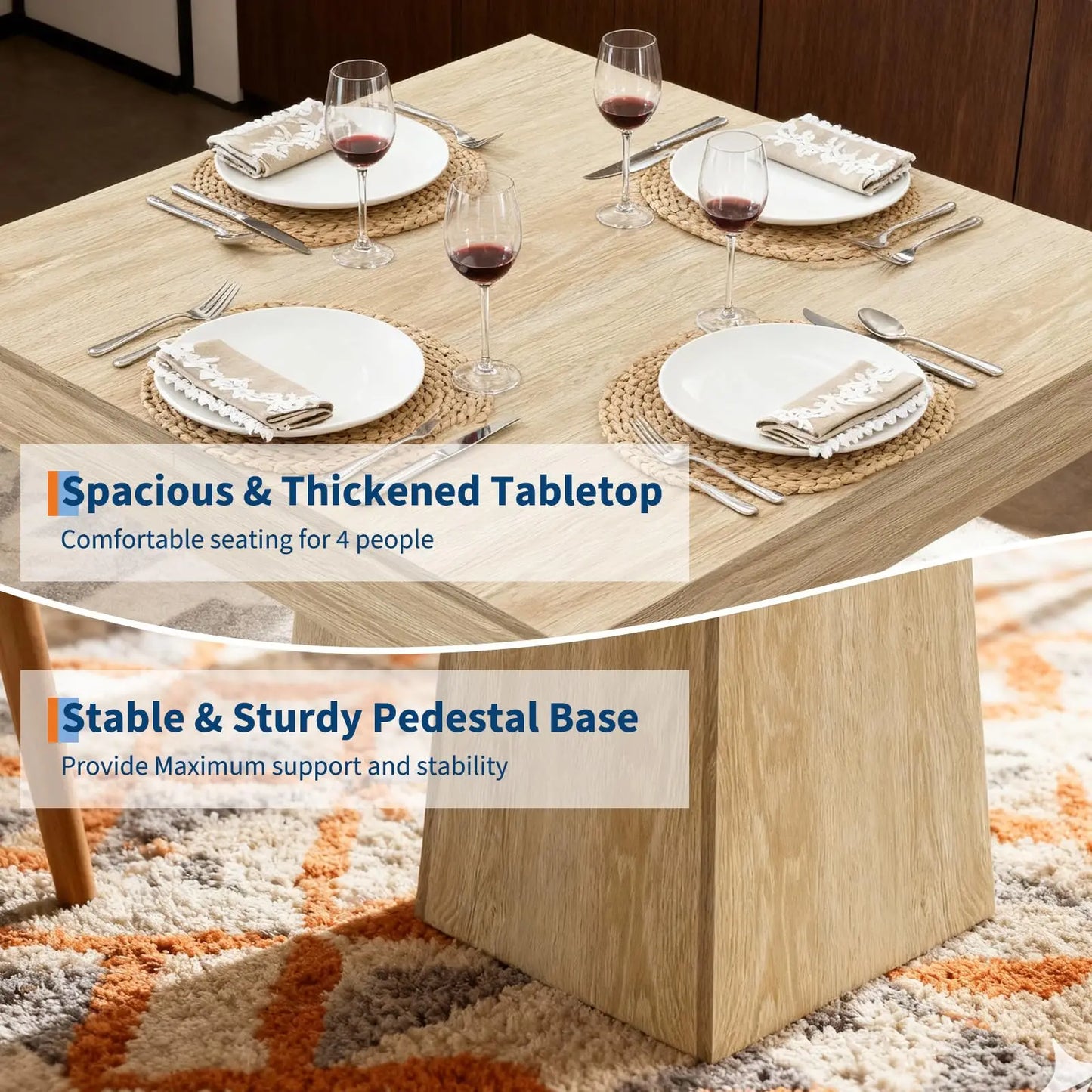 HiMISS Farmhouse Wood Pedestal Square Kitchen Dining Table